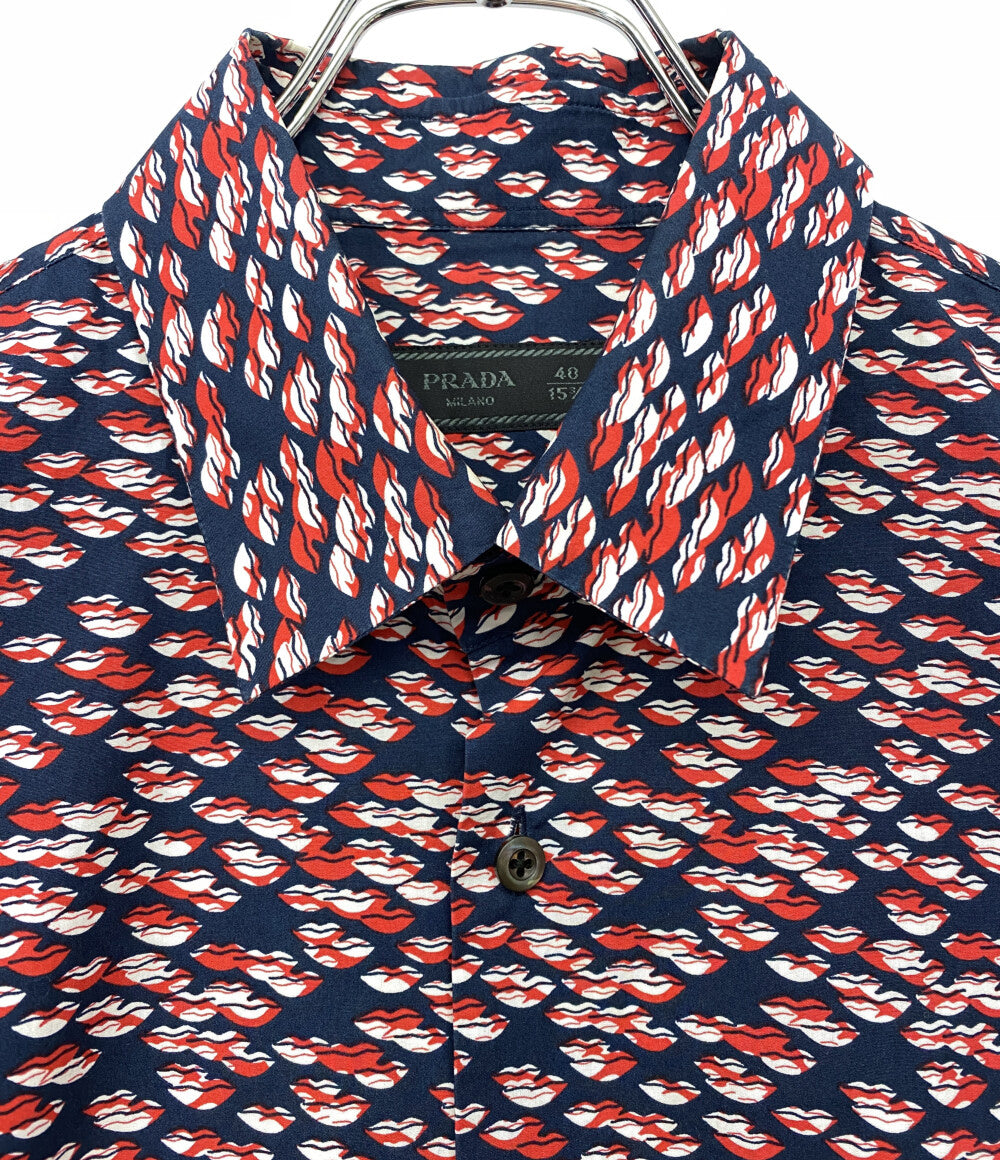 PRADA 長袖シャツ ネイビー リップ総柄 UCM608 15SS メンズ SIZE 40 プラダ