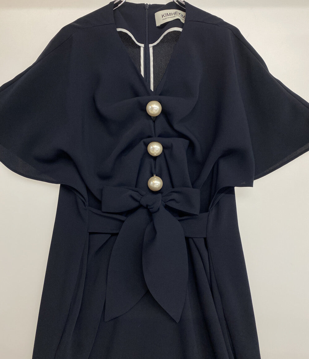KIMHEKIM キムヘキム 半袖ワンピース ネイビー パール ESE-29130 レディース SIZE 36