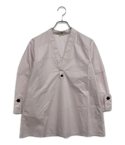美品 HERMES 長袖シャツ シャツ Vネック セリエボタン PINK コットン100 レディース SIZE 34 エルメス