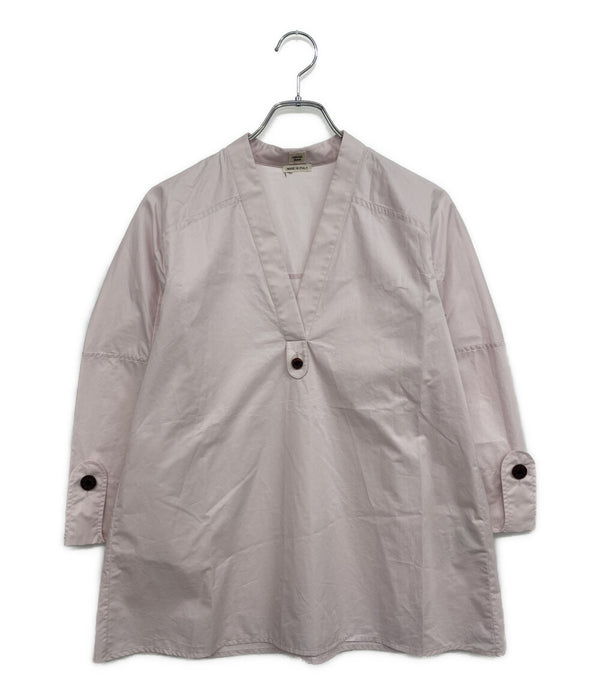 美品 HERMES 長袖シャツ シャツ Vネック セリエボタン PINK コットン100 レディース SIZE 34 エルメス