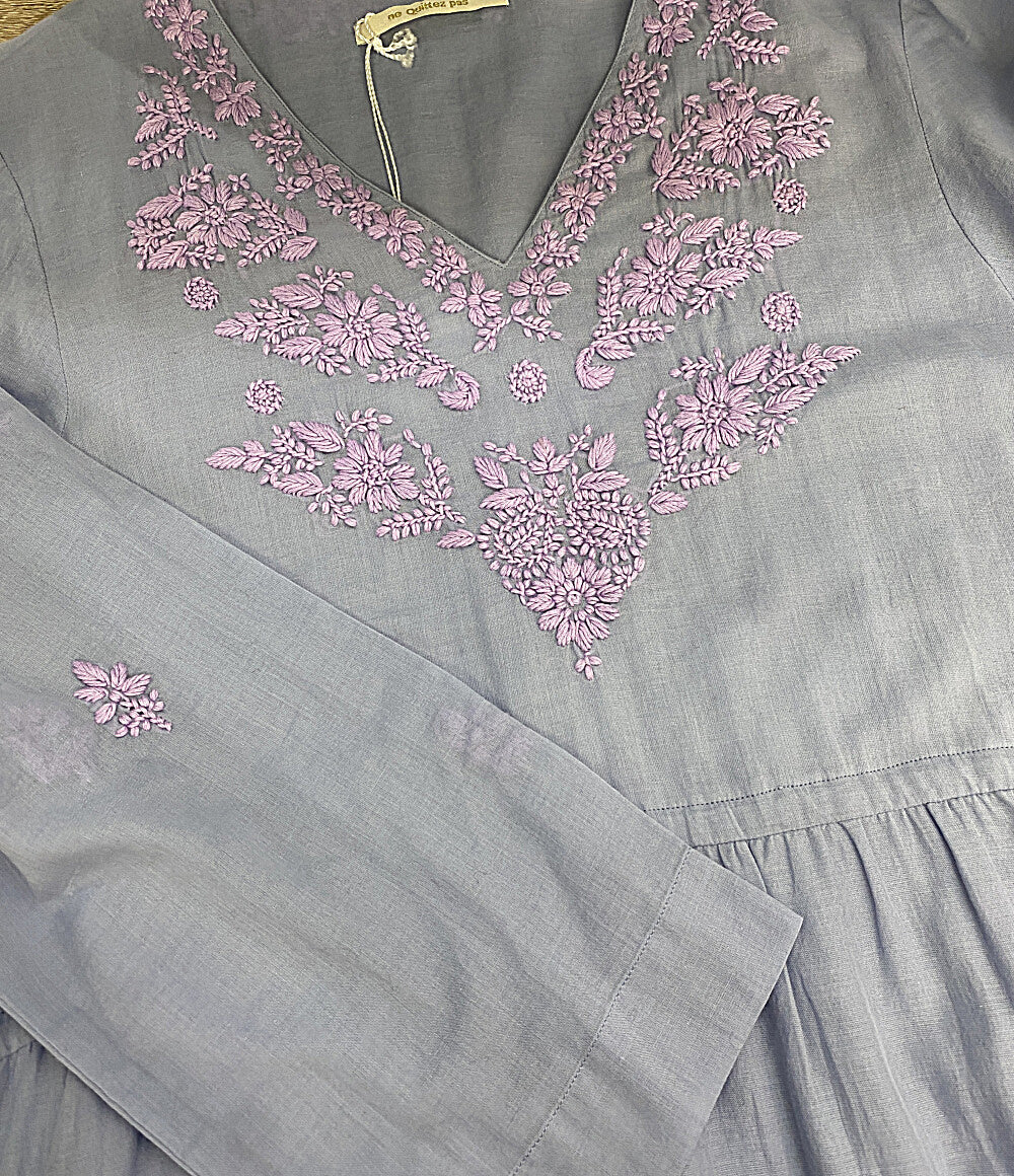 ne quitez pas 七分袖ワンピース ライラック フラワーエンブロイダリー 010411CB3 レディース SIZE M ヌキテパ