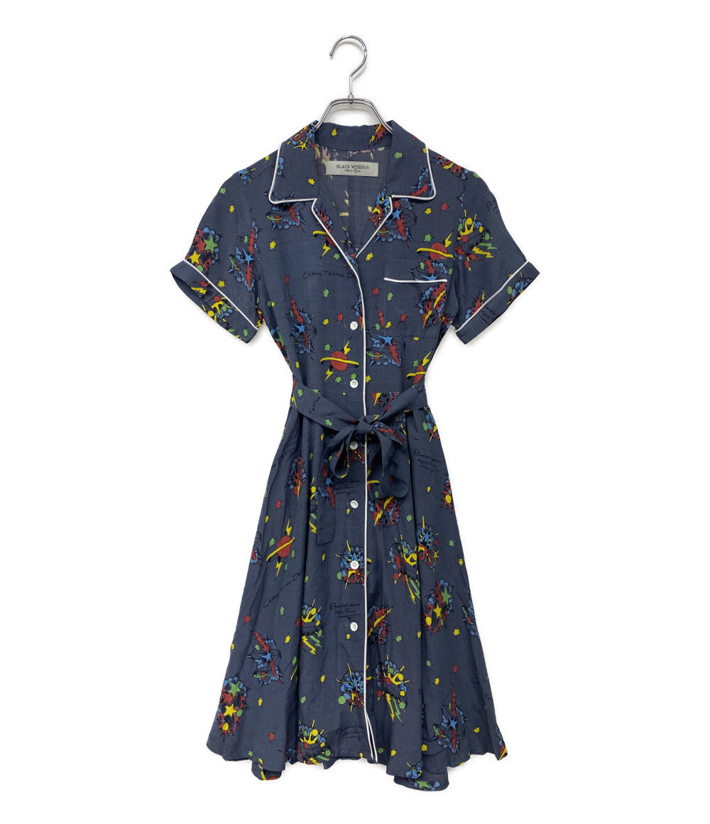 美品 BLACKWEIRDOS ブラックウィドウ 半袖ワンピース ネイビー 宇宙プリント 17SS-OP01 レディース SIZE S