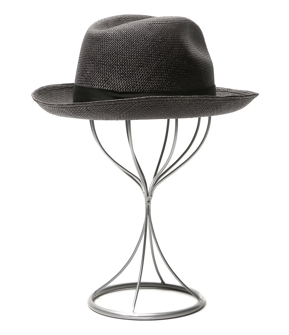 美品 Borsalino ストローハット(麦わら帽子) グレー リボン 140228