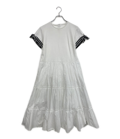 BORDERS AT BALCONY 半袖ワンピース ホワイト 裾リボンストライプ BD2011H-3E-03 レディース SIZE 38 ボーダーズ アット バルコニー