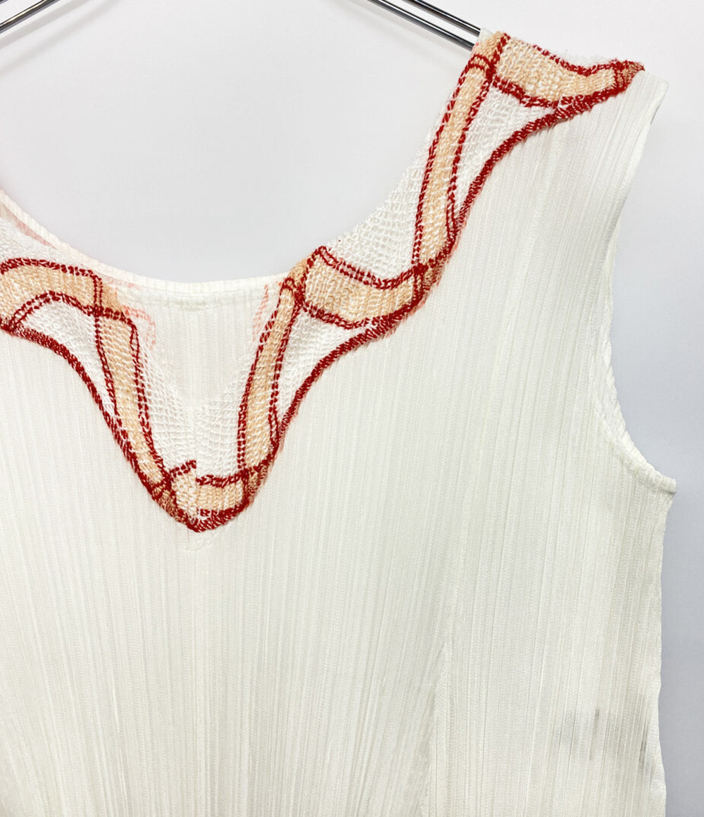 PLEATS PLEASE ノースリーブワンピース ホワイト レッド PP21-JT426