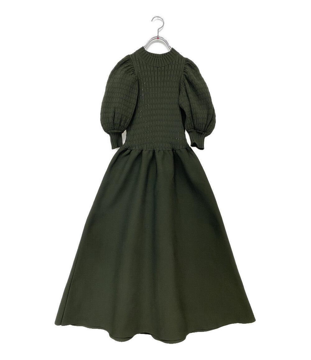 美品 seventen セブンテン ボリュームスリーブニットワンピース 半袖 グリーン 5A502 レディース SIZE S