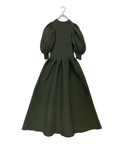 美品 seventen セブンテン ボリュームスリーブニットワンピース 半袖 グリーン 5A502 レディース SIZE S