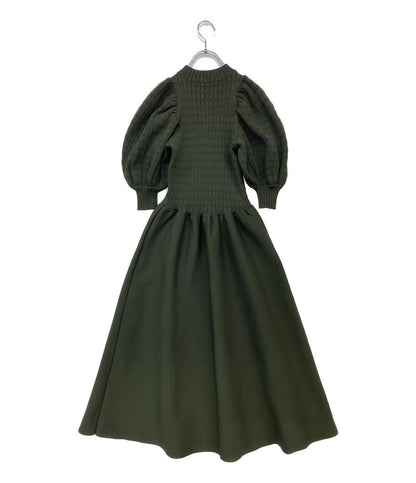 美品 seventen セブンテン ボリュームスリーブニットワンピース 半袖 グリーン 5A502 レディース SIZE S