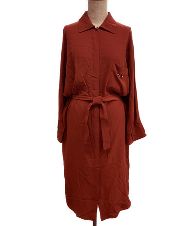 HERMES シルク ロングシャツ 長袖ワンピース ブラウン レディース SIZE 40 エルメス