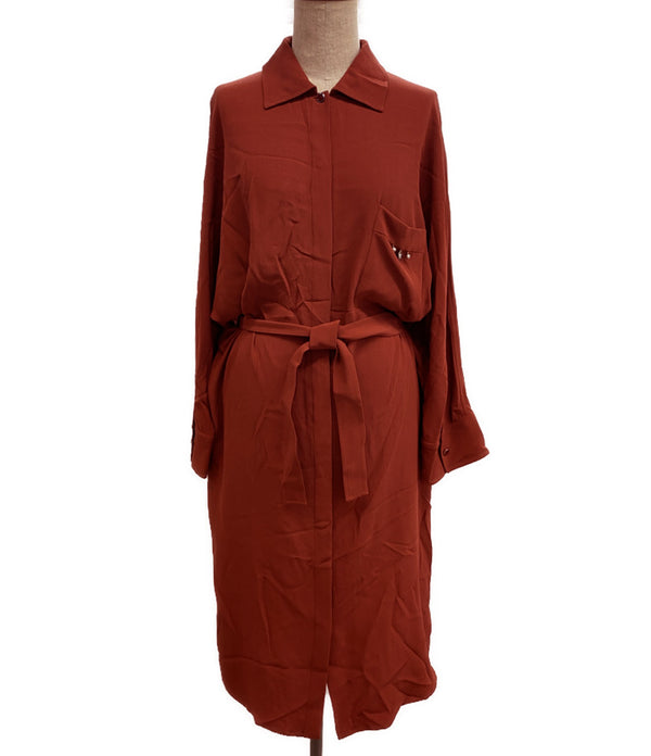 HERMES シルク ロングシャツ 長袖ワンピース ブラウン レディース SIZE 40 エルメス