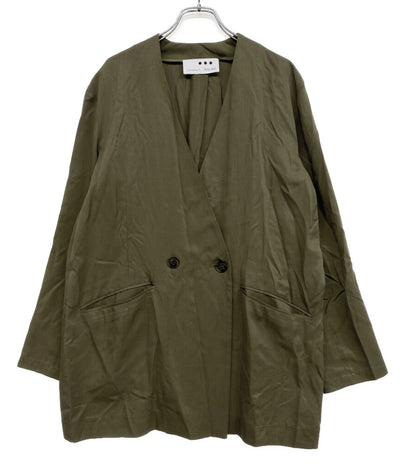 美品 Three dots フィブリオノーカラージャケット カーキ レディース SIZE S スリードッツ