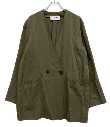 美品 Three dots フィブリオノーカラージャケット カーキ レディース SIZE S スリードッツ