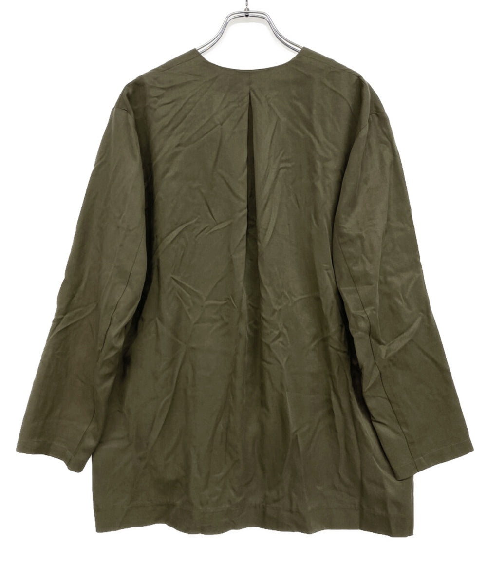 美品 Three dots フィブリオノーカラージャケット カーキ レディース SIZE S スリードッツ