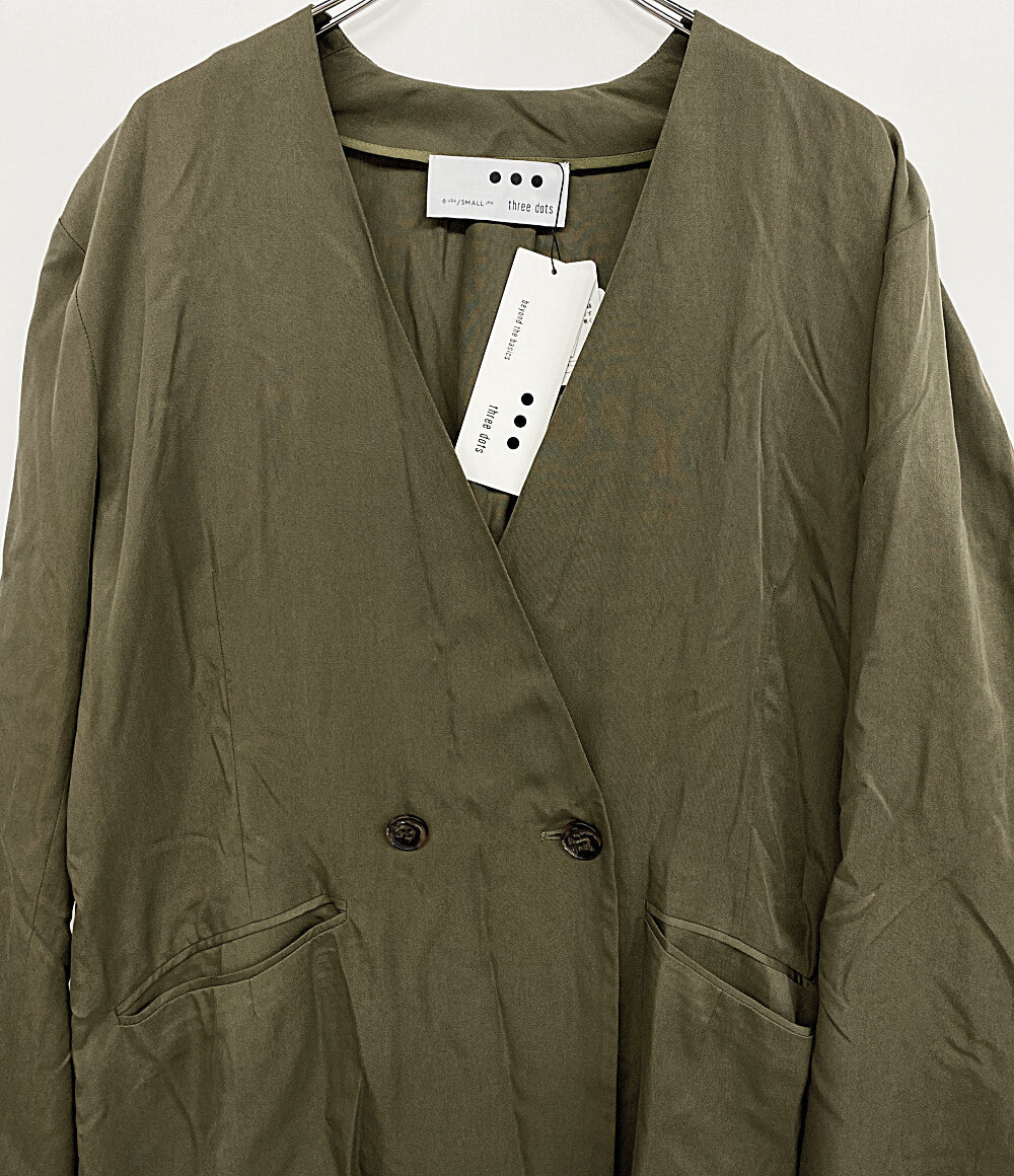 美品 Three dots フィブリオノーカラージャケット カーキ レディース SIZE S スリードッツ