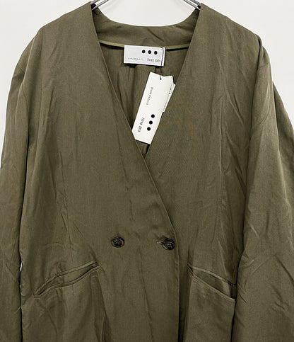 美品 Three dots フィブリオノーカラージャケット カーキ レディース SIZE S スリードッツ
