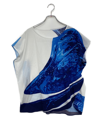 ISSEY MIYAKE フレンチスリーブＴシャツ ブルーマーブル ホワイト IM51FJ008 レディース SIZE 2 イッセイミヤケ
