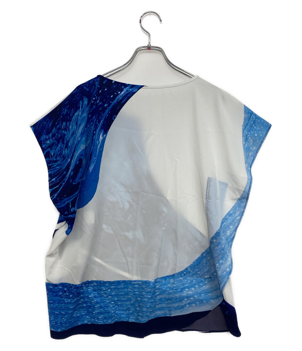 ISSEY MIYAKE フレンチスリーブＴシャツ ブルーマーブル ホワイト IM51FJ008 レディース SIZE 2 イッセイミヤケ