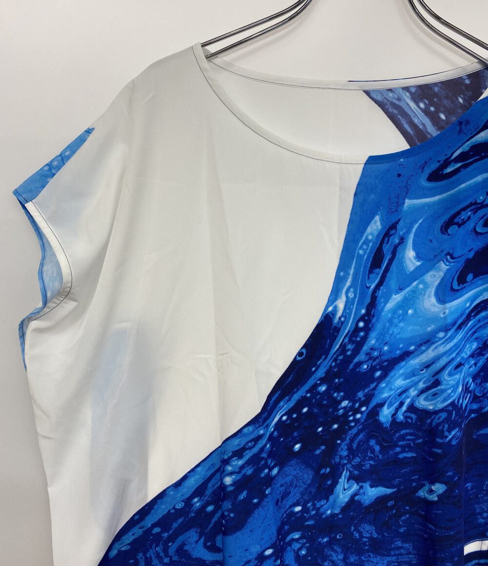 ISSEY MIYAKE フレンチスリーブＴシャツ ブルーマーブル ホワイト IM51FJ008 レディース SIZE 2 イッセイミヤケ