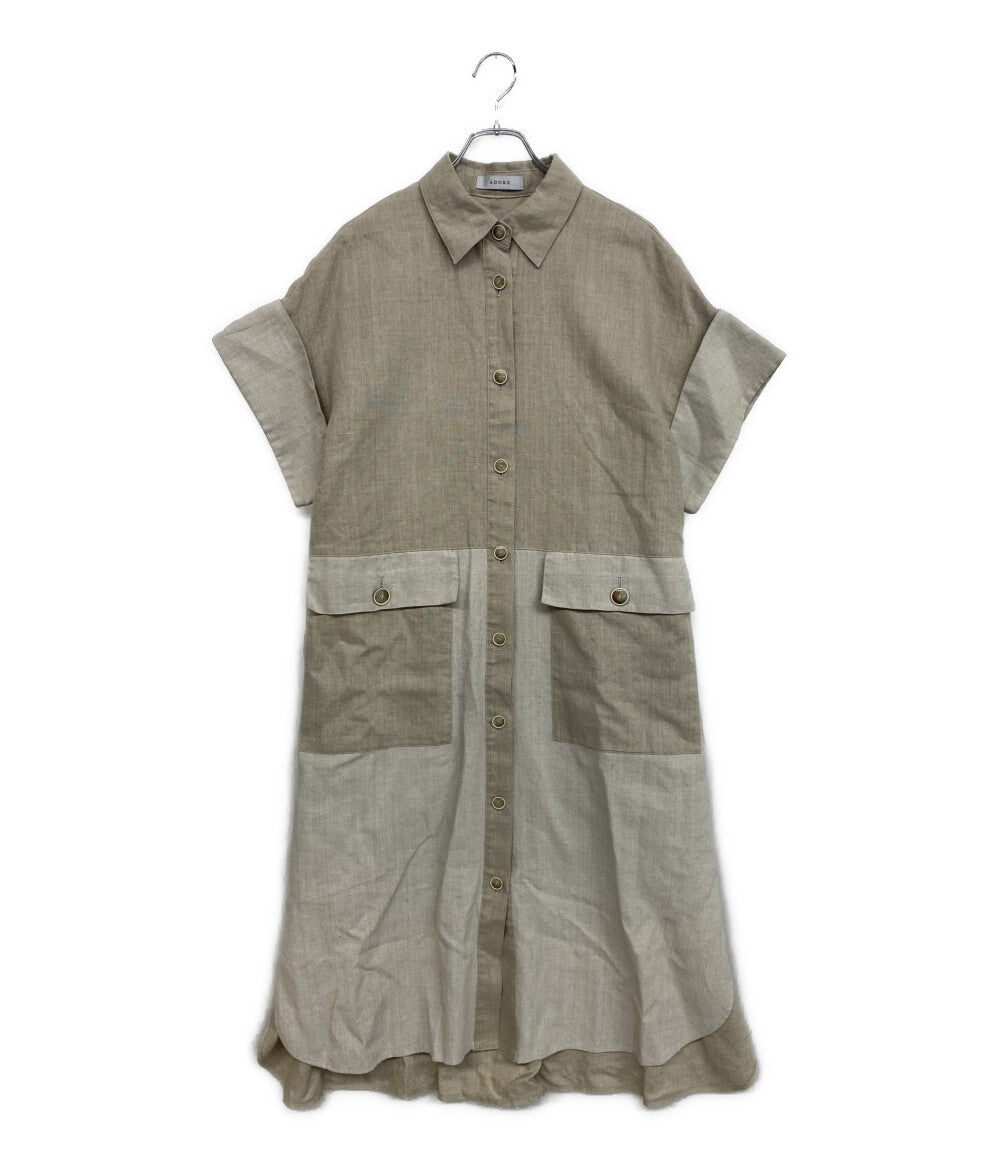 美品 ADORE 半袖ワンピース グランプリント麻100% 20ss 531-0140319 レディース SIZE 38 アドーア