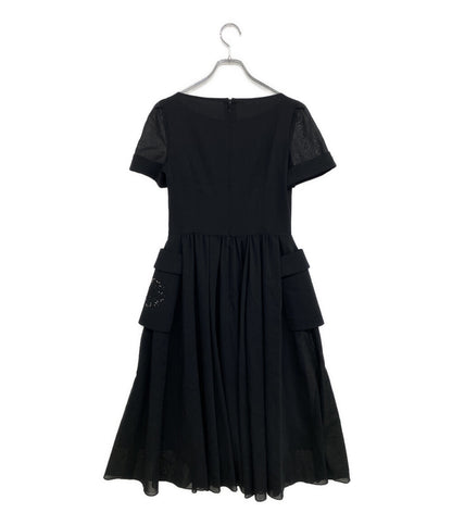美品 Rene 半袖ワンピース サイドポケット刺繍ビーズ ブラック 6226150 レディース SIZE 34 ルネ