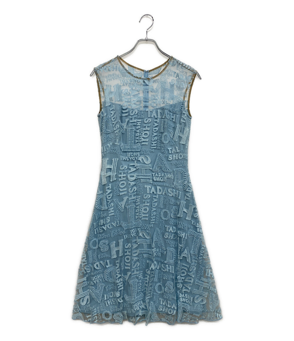 美品 TADASHI SHOJI ノースリーブワンピース 総刺繍ロゴ ミニドレス
