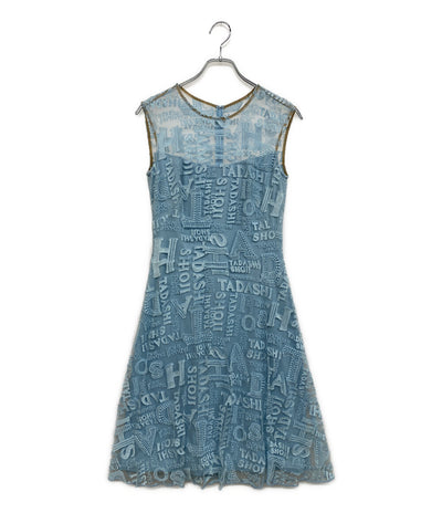 美品 TADASHI SHOJI ノースリーブワンピース 総刺繍ロゴ ミニドレス ライトブルー BIL1954MJ レディース SIZE 2 タダシショージ