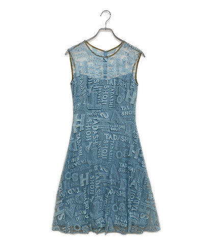美品 TADASHI SHOJI ノースリーブワンピース 総刺繍ロゴ ミニドレス ライトブルー BIL1954MJ レディース SIZE 2 タダシショージ