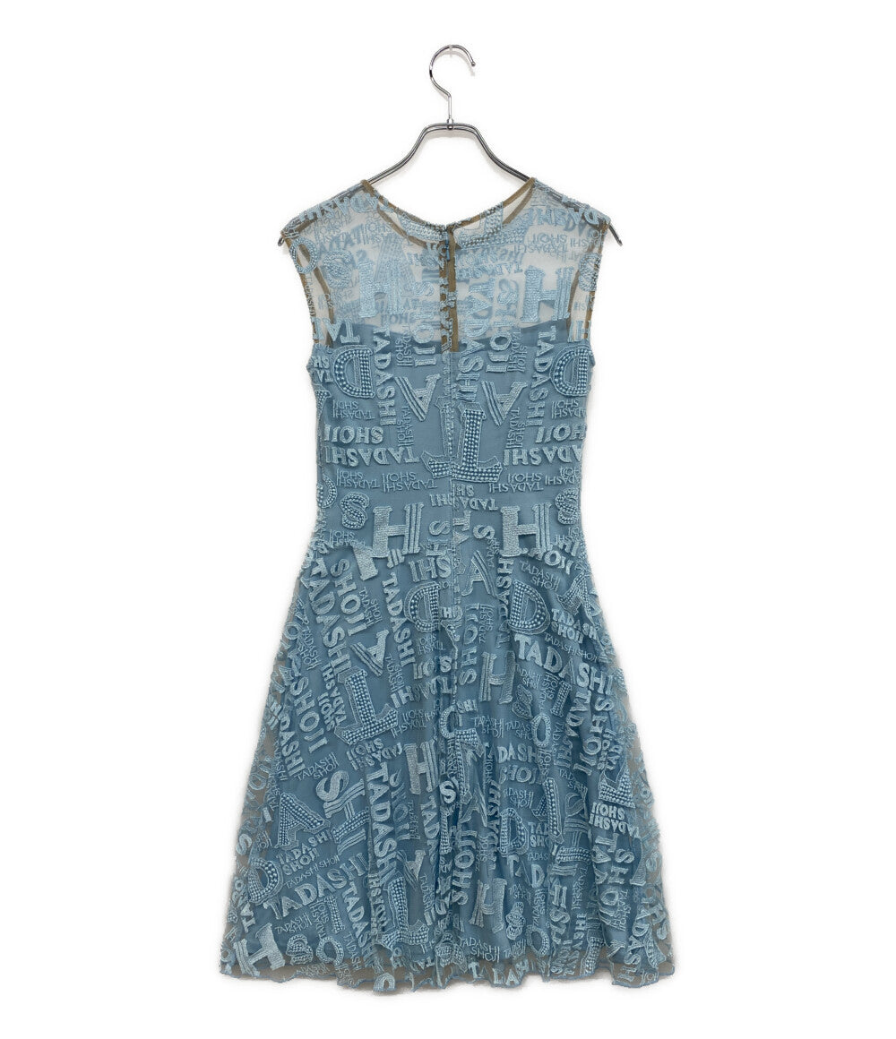美品 TADASHI SHOJI ノースリーブワンピース 総刺繍ロゴ ミニドレス