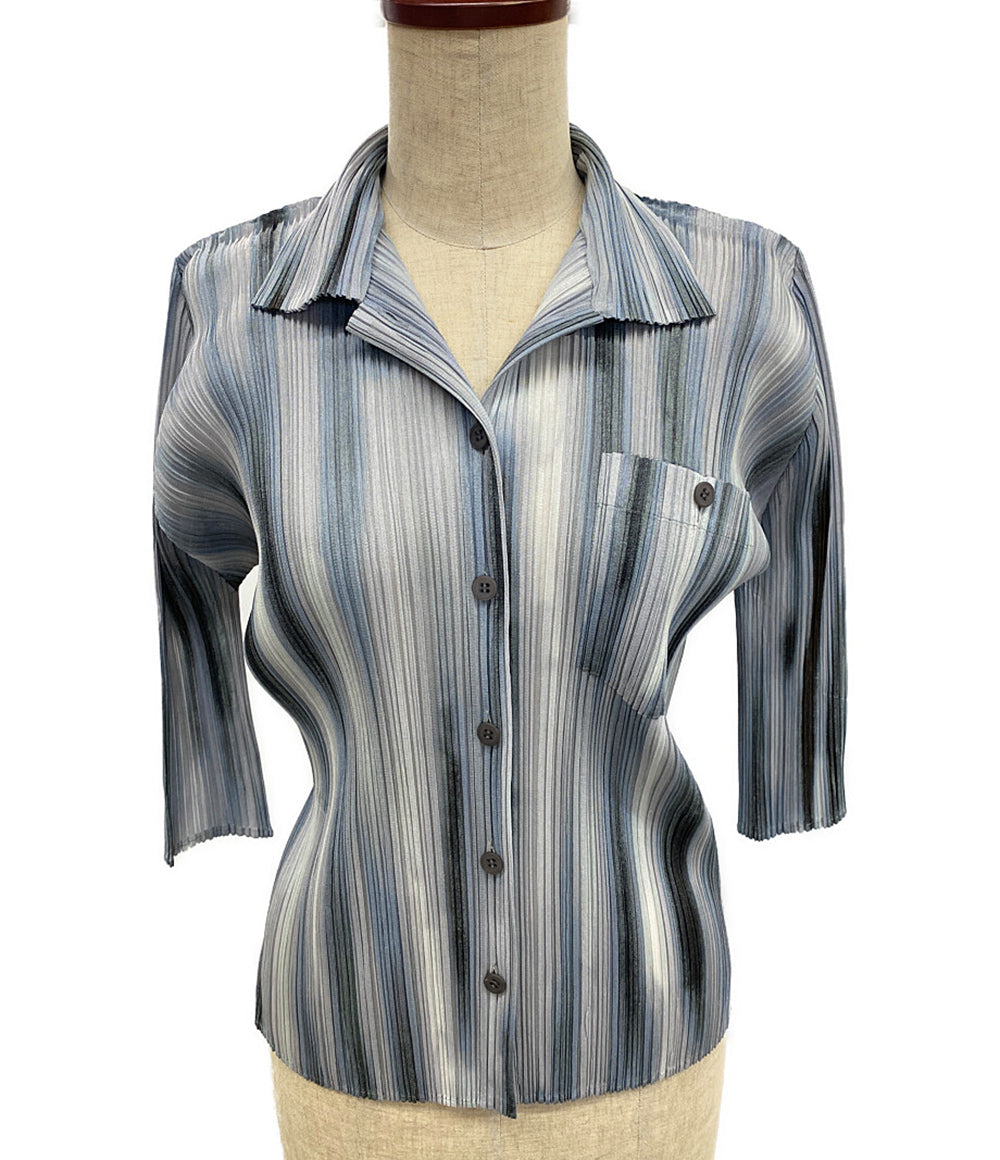 美品 PLEATS PLEASE 七分袖シャツ グレー グラデーション PP51-JJ643 レディース SIZE 3 プリーツプリーズ