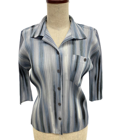 美品 PLEATS PLEASE 七分袖シャツ グレー グラデーション PP51-JJ643 レディース SIZE 3 プリーツプリーズ