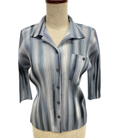 美品 PLEATS PLEASE 七分袖シャツ グレー グラデーション PP51-JJ643 レディース SIZE 3 プリーツプリーズ