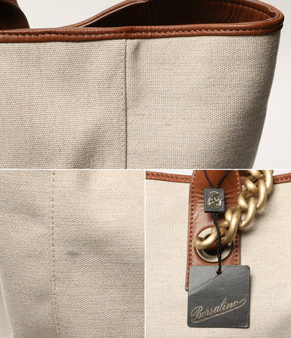 Borsalino トートバッグ キャンバス地 ブラウンレザー チェーンハンドル付 レディース ボルサリーノ