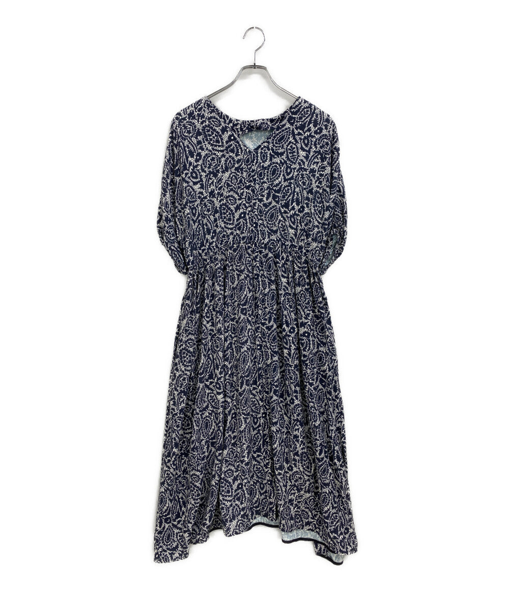美品 HOUSE OF LOTUS 半袖ワンピース ボタニカル柄 ネイビー 302310-14-380-65-020 レディース SIZE M ハウス オブ ロータス