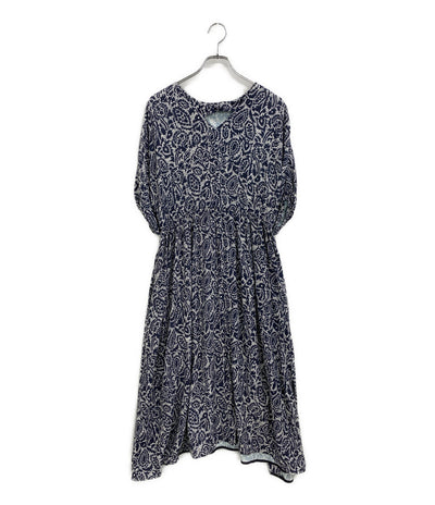 美品 HOUSE OF LOTUS 半袖ワンピース ボタニカル柄 ネイビー 302310-14-380-65-020 レディース SIZE M ハウス オブ ロータス