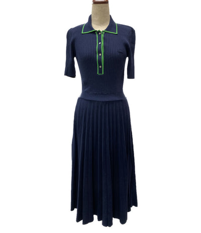 LACOSTE 半袖ワンピース パイピング ネイビー×グリーン EF7049 レディース SIZE 34 ラコステ