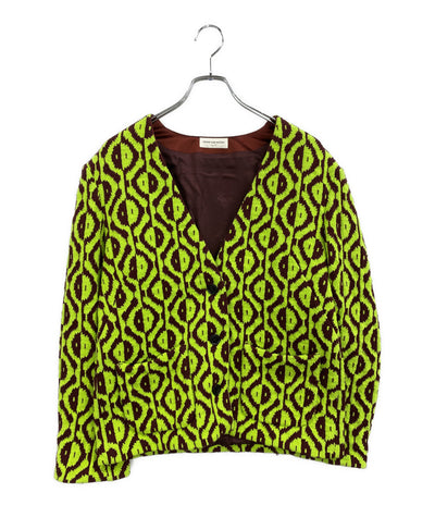美品 DRIES VAN NOTEN ノーカラージャケット 幾何学JKT 18AW 71-07-84-07010 レディース SIZE 34 ドリスヴァンノッテン