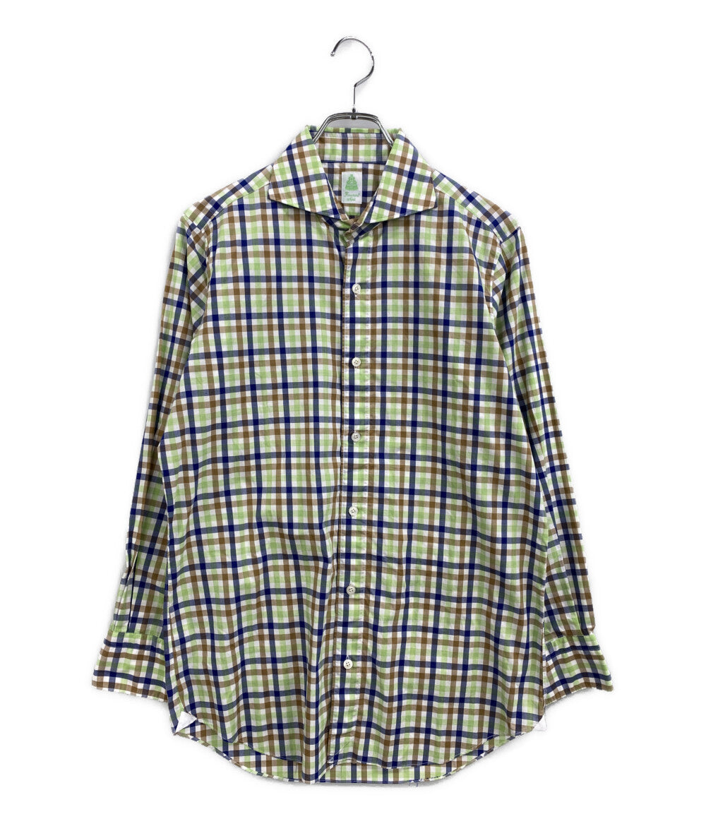 美品 Finamore Napoli 長袖シャツ ホリゾンタルカラー ギンガムチェック メンズ SIZE M フィナモレ