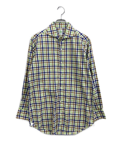 美品 Finamore Napoli 長袖シャツ ホリゾンタルカラー ギンガムチェック メンズ SIZE M フィナモレ