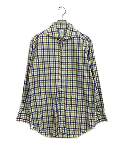 美品 Finamore Napoli 長袖シャツ ホリゾンタルカラー ギンガムチェック メンズ SIZE M フィナモレ