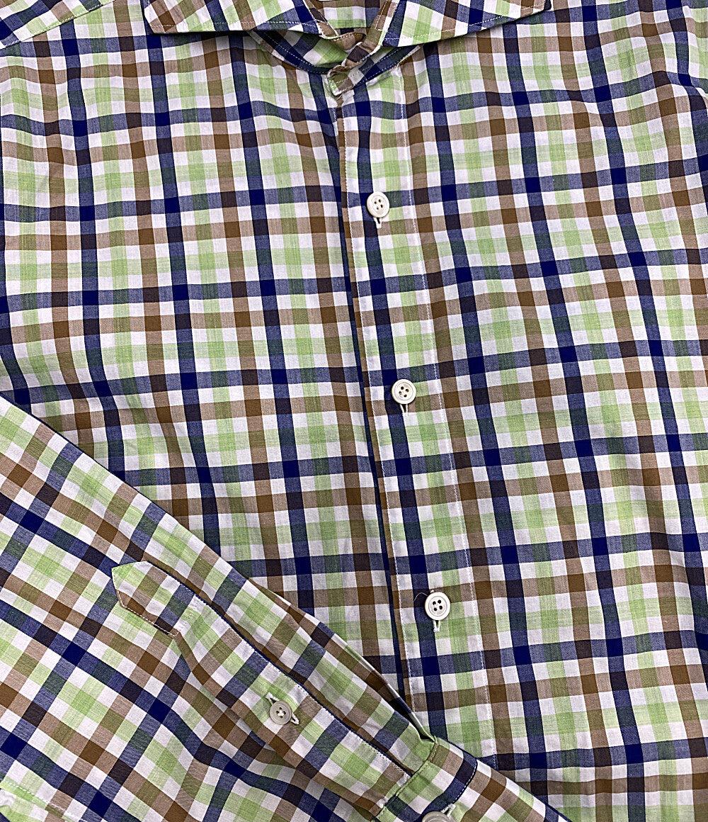 美品 Finamore Napoli 長袖シャツ ホリゾンタルカラー ギンガムチェック メンズ SIZE M フィナモレ