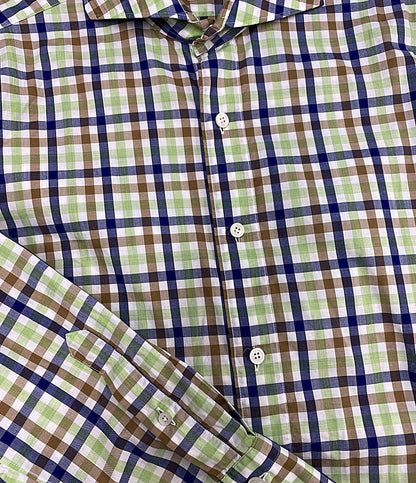 美品 Finamore Napoli 長袖シャツ ホリゾンタルカラー ギンガムチェック メンズ SIZE M フィナモレ
