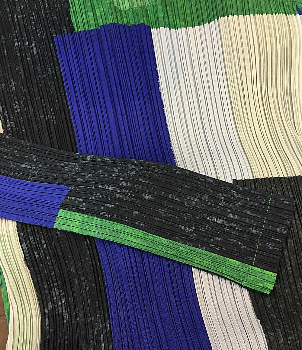 プリーツプリーズ 美品 長袖ワンピース マルチカラー ブルー グリーン PP13-JH654 レディース SIZE 4 PLEATS PLEASE