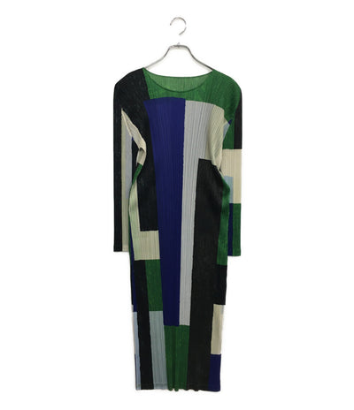 プリーツプリーズ 美品 長袖ワンピース マルチカラー ブルー グリーン PP13-JH654 レディース SIZE 4 PLEATS PLEASE