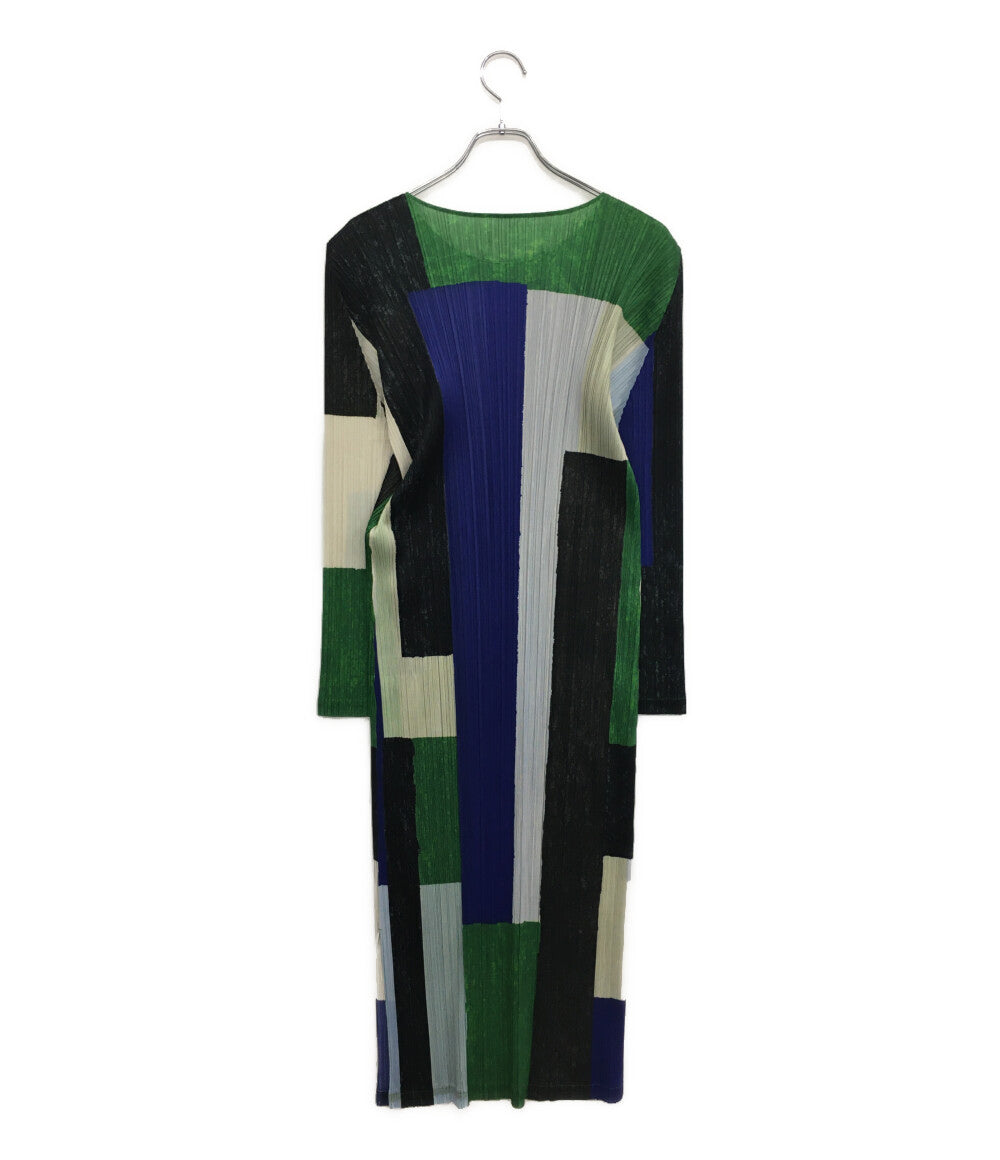プリーツプリーズ 美品 長袖ワンピース マルチカラー ブルー グリーン PP13-JH654 レディース SIZE 4 PLEATS PLEASE