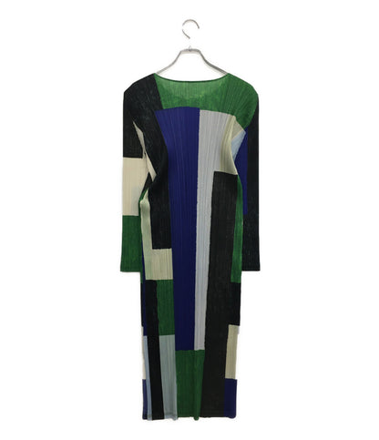 プリーツプリーズ 美品 長袖ワンピース マルチカラー ブルー グリーン PP13-JH654 レディース SIZE 4 PLEATS PLEASE