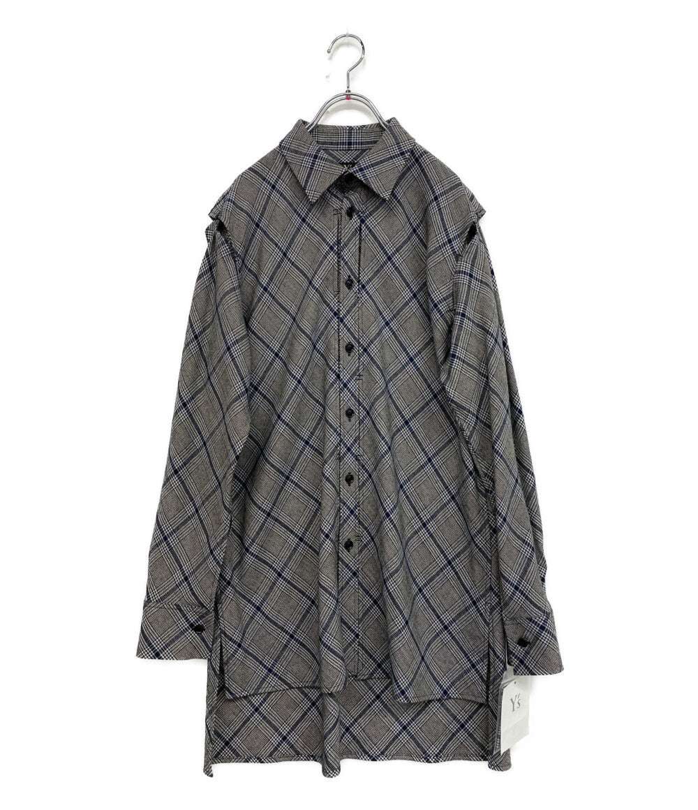 美品 Y's 長袖ロングシャツ チェック ウール グレー 2023AW YJ-B16-115 レディース SIZE 1 ワイズ