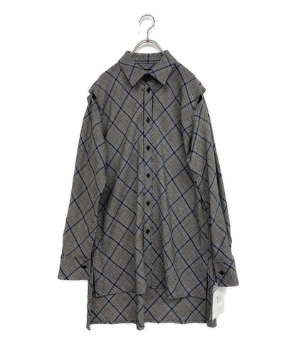 美品 Y's 長袖ロングシャツ チェック ウール グレー 2023AW YJ-B16-115 レディース SIZE 1 ワイズ