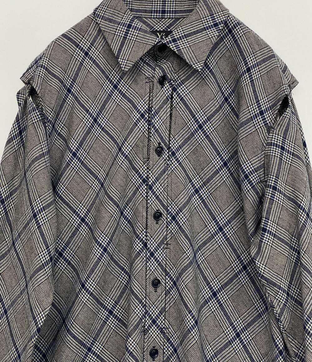 美品 Y's 長袖ロングシャツ チェック ウール グレー 2023AW YJ-B16-115 レディース SIZE 1 ワイズ