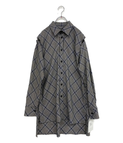 美品 Y's 長袖ロングシャツ チェック ウール グレー 2023AW YJ-B16-115 レディース SIZE 1 ワイズ