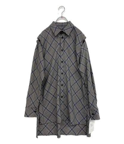 美品 Y's 長袖ロングシャツ チェック ウール グレー 2023AW YJ-B16-115 レディース SIZE 1 ワイズ